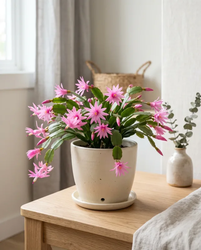 Schlumbergera Gaertneri paascactus met stervormige roze bloemen op geleed groen blad in een cremekleurige pot