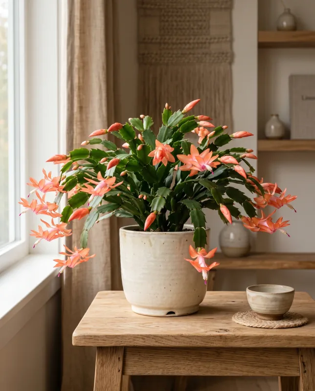 Schlumbergera Truncata Thanksgiving cactus met spitse haakvormige segmenten en roze buisvormige bloemen in een cremekleurige pot