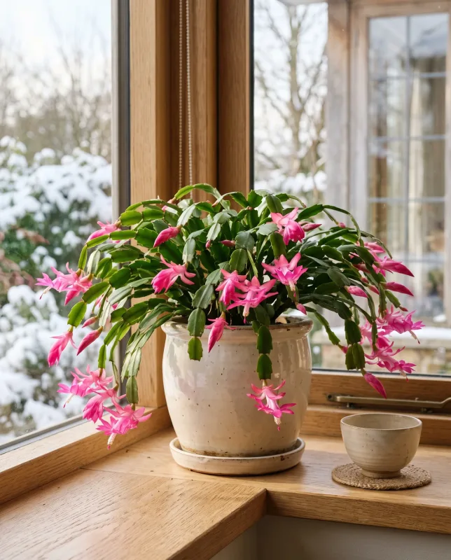 Bloeiende Schlumbergera kerstcactus met fel-roze buisvormige bloemen op geleed groen blad in een cremekleurige pot