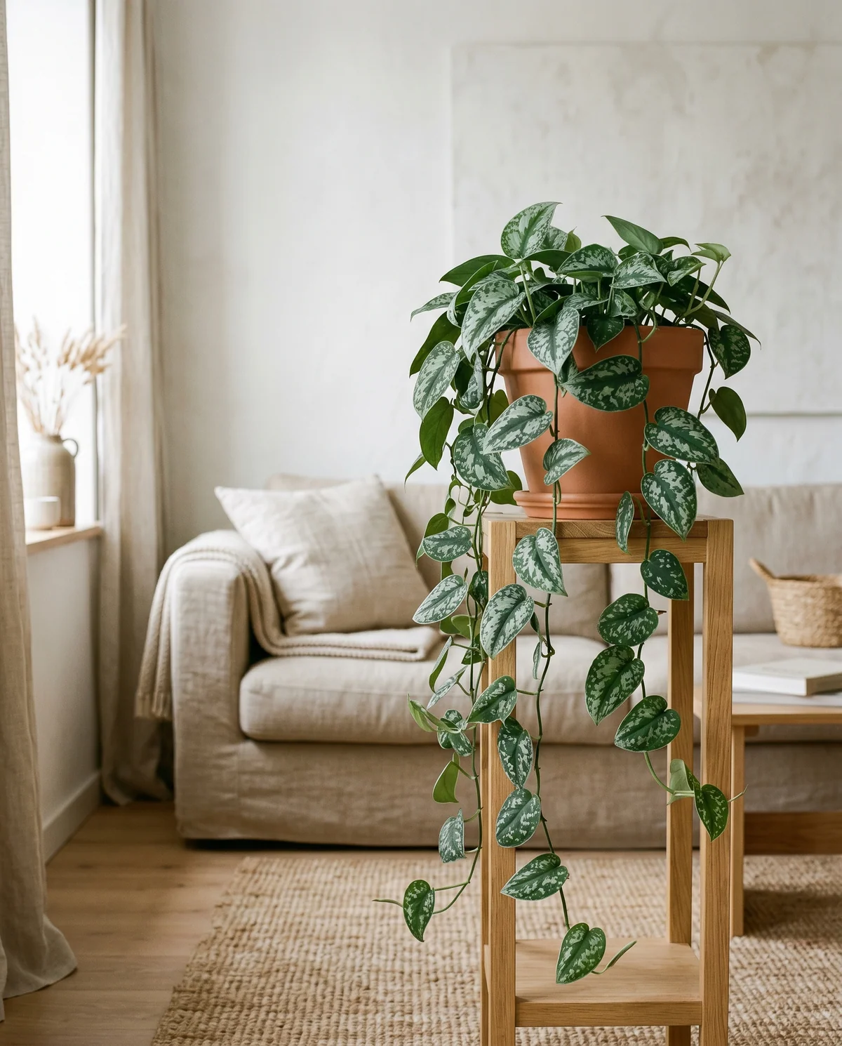 Scindapsus pictus met zilveren vlekken op fluweelachtig donkergroen blad