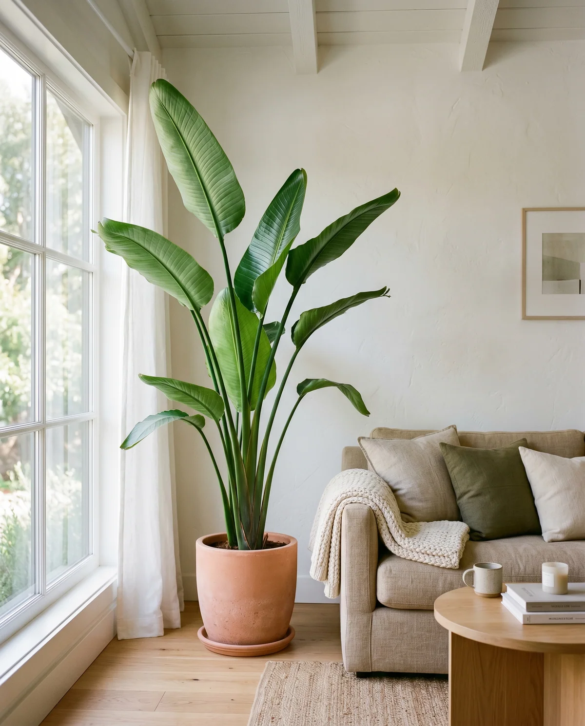 Strelitzia Augusta met banaanachtige bladeren op lange stelen