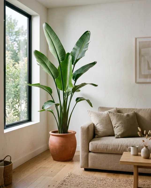 Strelitzia Juncea met smalle rolronde groene stelen zonder bladschijven, rechtop in een terracotta pot