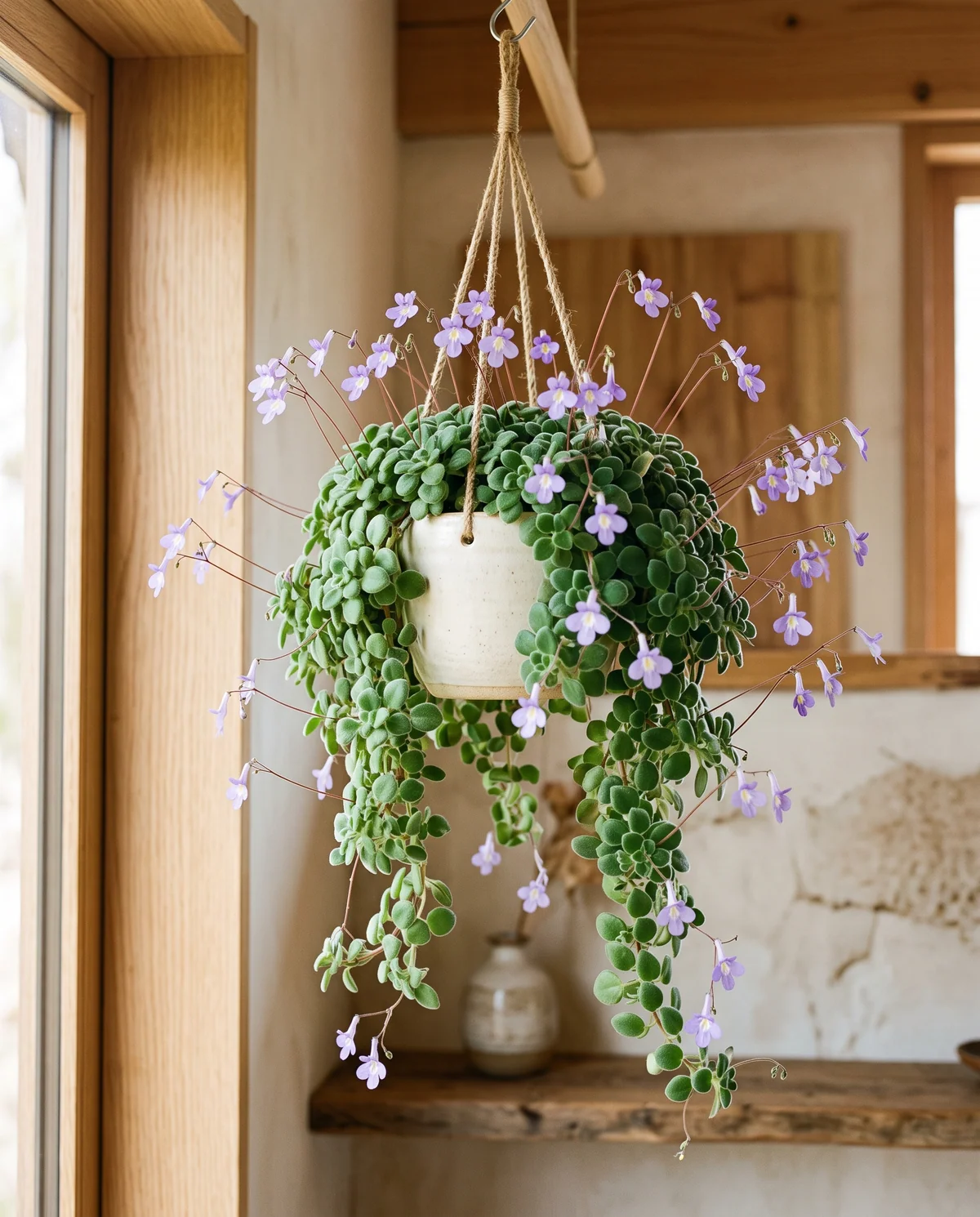 Streptocarpus saxorum als hangplant met kleine dikke groene bladeren en lila-blauwe bloempjes op lange dunne steeltjes