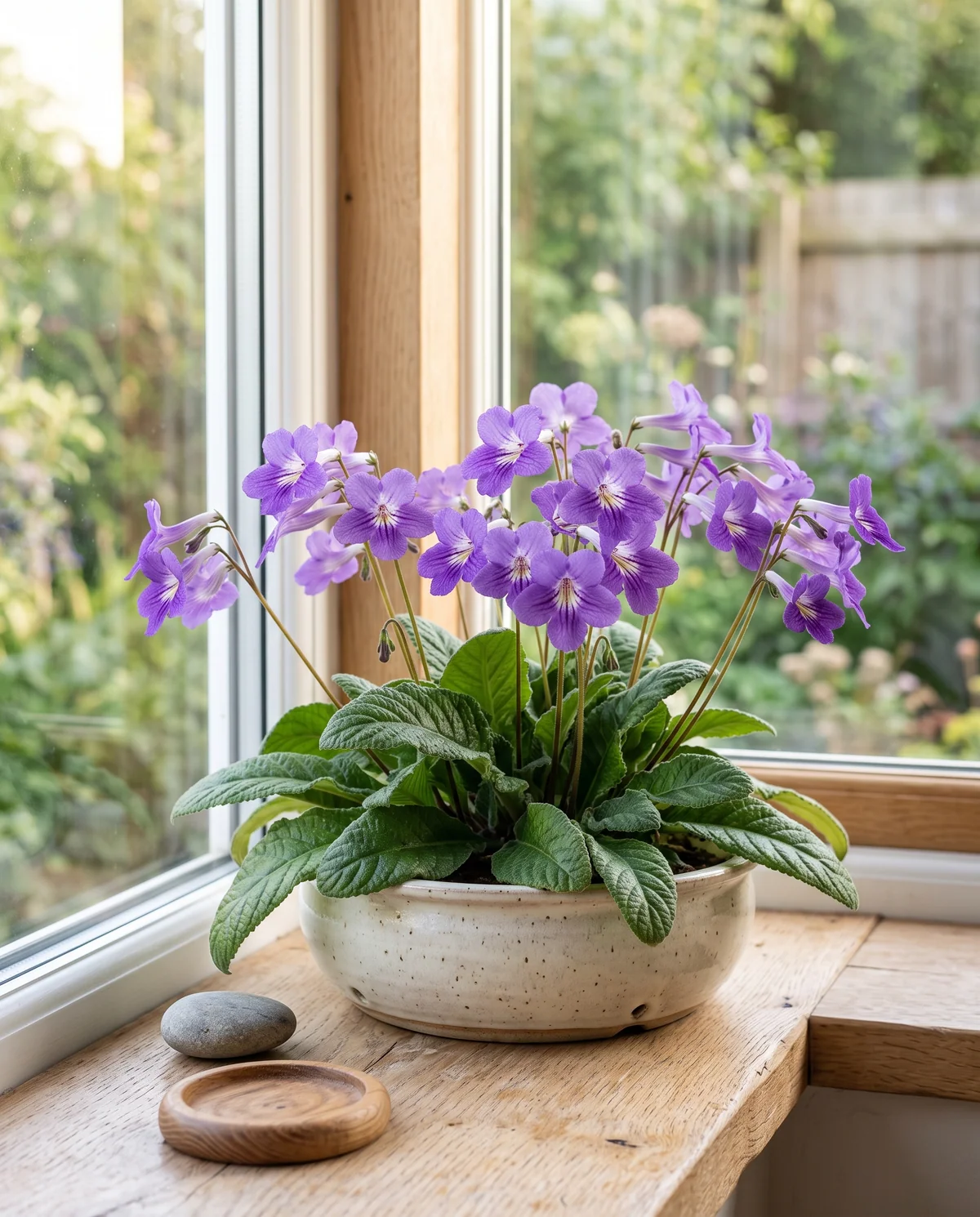 Streptocarpus of Kaapse primula met paarse trompetbloemen boven een rozet gerimpelde bladeren op een lichte vensterbank