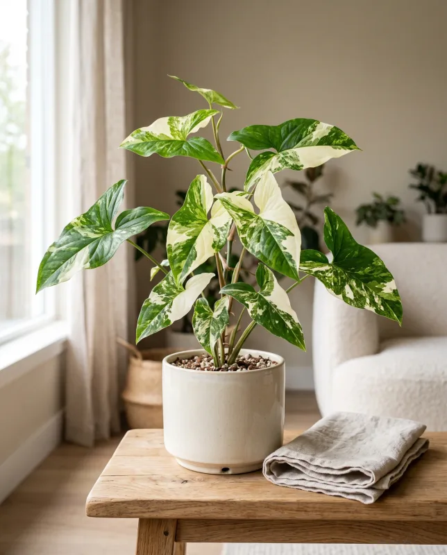 Syngonium Albo met pijlvormige bladeren met dramatische witte vlakken op donkergroen in een cremekleurige pot