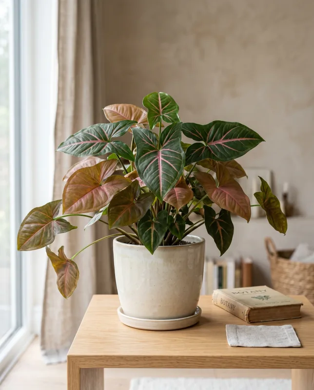 Syngonium Maria Allusion met donkergroene pijlvormige bladeren met roze tot bronzen nerven in een cremekleurige pot
