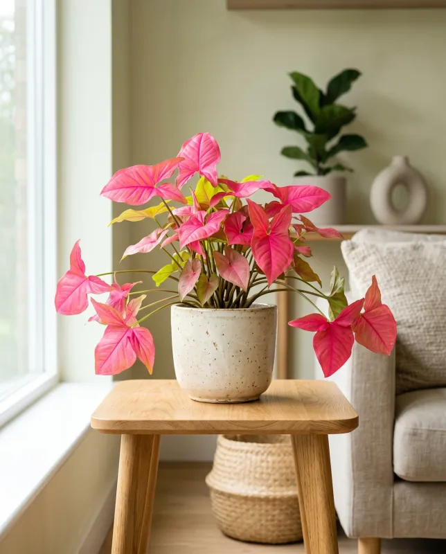Syngonium Neon Robusta met fel knal-roze pijlvormige bladeren in een cremekleurige pot