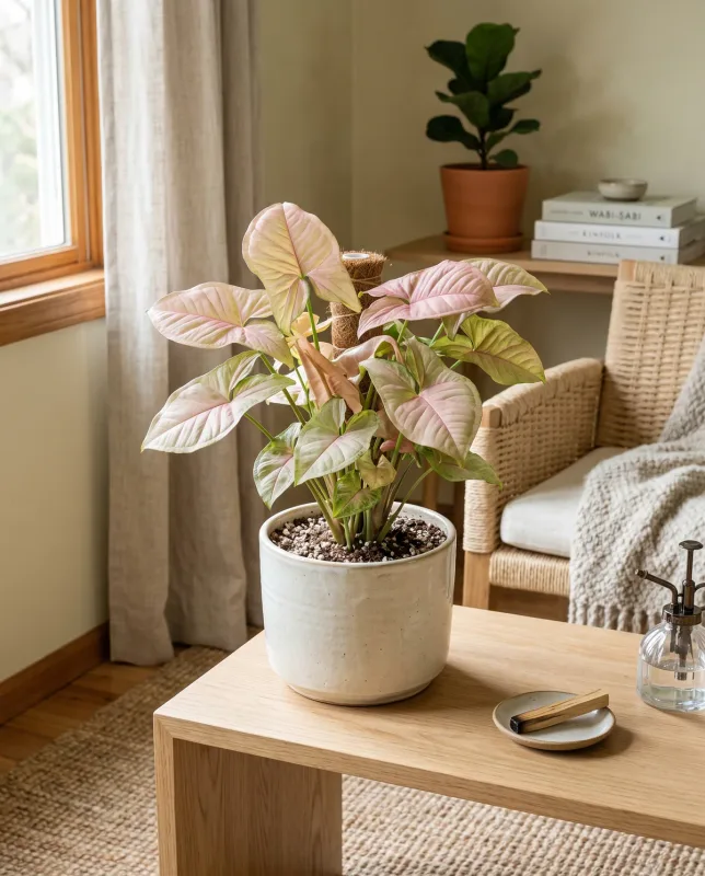 Syngonium Pink Allusion met lichtroze tot crèmewitte pijlvormige bladeren met groene nerven in een cremekleurige pot