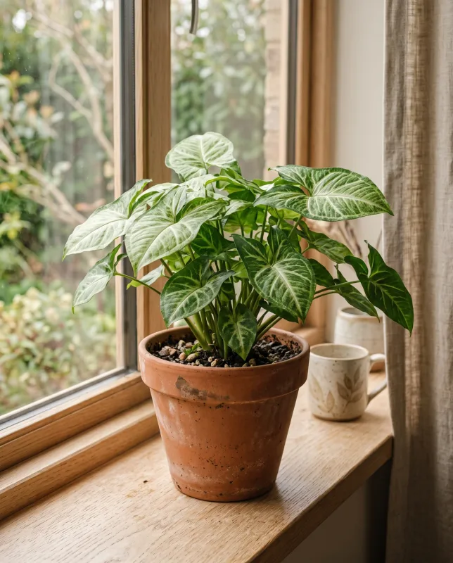 Syngonium Podophyllum met groen-witte pijlvormige bladeren in een terracotta pot