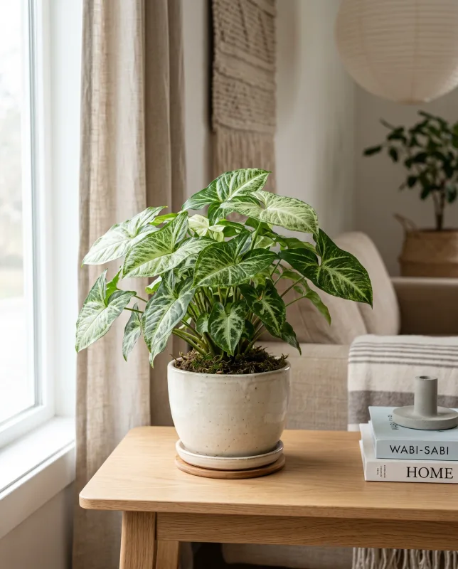 Syngonium pijlpunt met pijlvormige groen-witte bladeren in een cremekleurige pot
