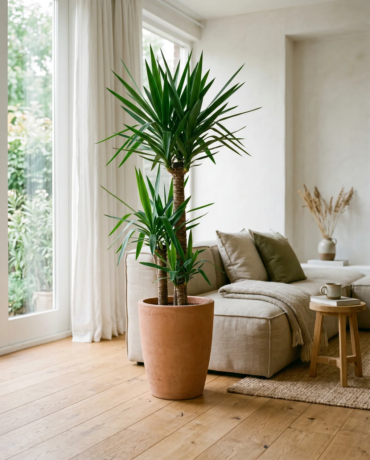 Yucca (Palmlelie) met zwaardvormige bladeren op houten stam